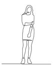 Continuous line drawing of standing confident woman. continuous line drawing of happy woman posing in dress. One single line