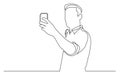 Continuous line drawing of standing man making selfie with his mobile phone Royalty Free Stock Photo