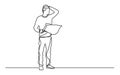 Continuous line drawing of standing man with map feeling lost Royalty Free Stock Photo