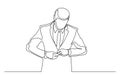 Continuous line drawing of standing man testing new suit