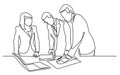 Continuous line drawing of standing office workers editing paper documents