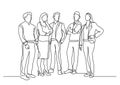 Continuous line drawing of standing team of professionals