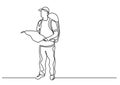 Continuous line drawing of standing traveler with backpack holding map Royalty Free Stock Photo