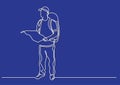 Continuous line drawing of standing traveler with backpack holding map Royalty Free Stock Photo