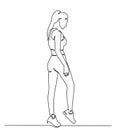 Continuous line drawing of standing woman. Continuous line drawing of standing confident woman. One line drawing of a sport woman