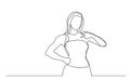 Continuous line drawing of standing woman pointing at herself