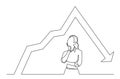 Continuous line drawing of standing woman thinking about decreasing graph