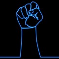 Continuous line drawing strong fist raised up. Human arm with clenched fingers icon neon concept