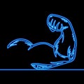 Continuous line drawing Strong muscle hand icon neon concept