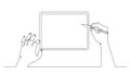 Continuous line drawing of stylus writing pointing at tablet screen. First person view. One line tablet with stylus