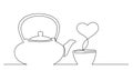 Continuous line drawing of tea kettle and cup of tea with heart shape vapor