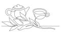 Continuous line drawing of tea leaves pot and cup of herbal tea Royalty Free Stock Photo
