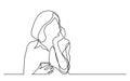 Continuous line drawing of thinking woman holding cell phone Royalty Free Stock Photo