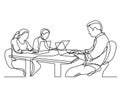 Continuous line drawing of three coworkers working on laptops