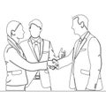 Continuous line drawing three office workers introducing and greeting icon vector illustration concept