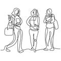 Continuous line drawing of three woman standing pose. Young smiling beautiful girl holding in a campus while holding book. Women