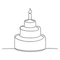 Continuous line drawing. Tiered birthday cake with candle.