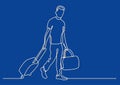 Continuous line drawing of traveler walking rolling bag on wheels