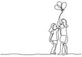 Continuous line drawing of two children playing balloon. Happy cheerful two girls is holding a waving balloon in the wind isolated Royalty Free Stock Photo