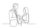 Continuous line drawing of two colleagues standing and talking. continuous line drawing of man and woman discussing work. Vector