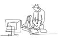 Continuous line drawing of two coworkers discussing work on screen. Young man and young woman in front of computer watching laptop