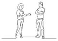 Continuous line drawing of two coworkers standing and talking