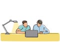 Continuous line drawing of two coworkers working together with laptop computer Royalty Free Stock Photo