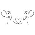 Continuous line drawing of two elephants silhouette with heart love symbols. Wedding, Valentine day, Hug day, family, friendship