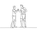 Continuous line drawing of two football player bring a ball and handshaking to show sportsmanship before starting the match. Royalty Free Stock Photo