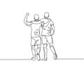 Continuous line drawing of two football player bring a ball and walking together to show sportsmanship. Respect in soccer sport Royalty Free Stock Photo