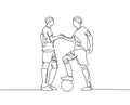 Continuous line drawing of two football player and handshaking to show sportsmanship before starting the match. Respect in soccer Royalty Free Stock Photo