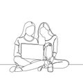 Continuous line drawing of two girl with laptop minimalist design one hand drawn concept of college woman study and discussion Royalty Free Stock Photo