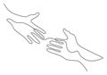 Continuous line drawing of two hands barely touching one another. Simple sketch of two hands isolated on white background. People Royalty Free Stock Photo