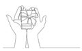 Continuous line drawing of two hands holding gift box with ribbon