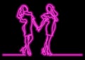 Continuous line drawing of two happy standing young women with neon vector effect Royalty Free Stock Photo