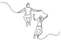 Continuous line drawing of two happy teenagers jumping