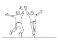 Continuous line drawing of two happy teenagers jumping
