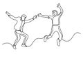 Continuous line drawing of two happy teenagers jumping and having fun