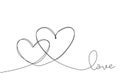 Continuous line drawing two hearts, Black and white vector minimalist illustration of love concept. Trendy scribble style