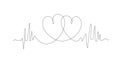 Continuous line drawing of two hearts with heartbeat line on black and white background. Love and passion concept