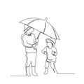 Continuous line drawing of two kids hanging umbrella. kids gesture line art with active stroke