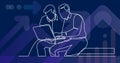 Continuous line drawing of two men discussing work task on laptop computer Royalty Free Stock Photo