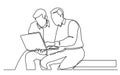 Continuous line drawing of two men discussing work task on laptop computer Royalty Free Stock Photo