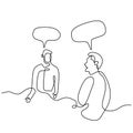 Continuous line drawing of two men sitting while talking about business plan with speech bubble. Young male enjoy discussing work Royalty Free Stock Photo