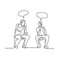 Continuous line drawing of two men sitting while talking about business plan with speech bubble. Young male enjoy discussing work