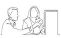 Continuous line drawing of two office workers discussing showing on display Royalty Free Stock Photo