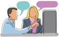 Continuous line drawing of two office workers discussing showing on display Royalty Free Stock Photo