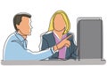 Continuous line drawing of two office workers discussing showing on display Royalty Free Stock Photo
