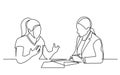 Continuous line drawing of two women discussing signing paperworks