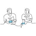 Continuous line drawing of two young gamer playing a game console. Happy male sitting on couch sparring playing games in their